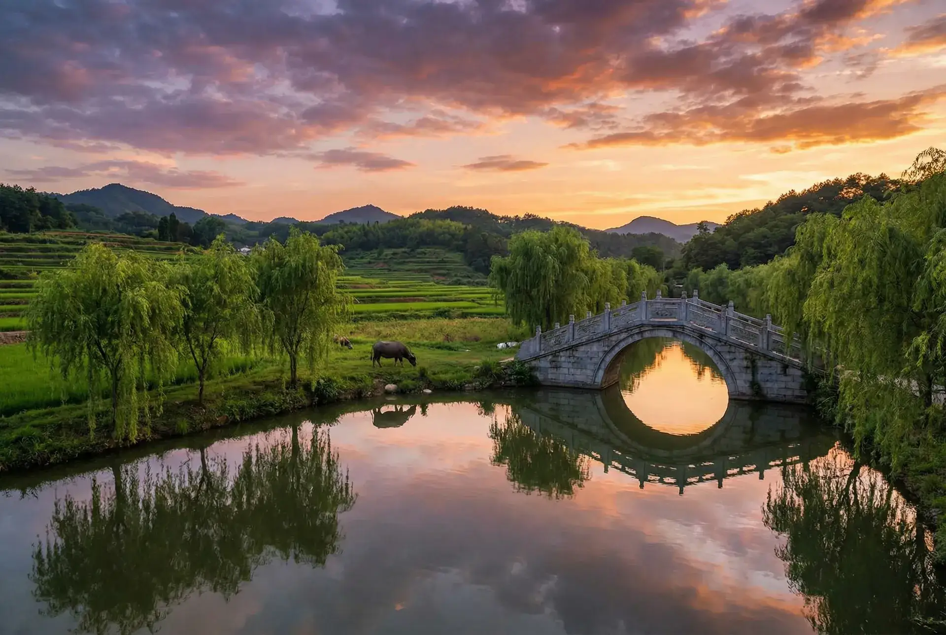 夕阳下的石拱桥与垂柳，水牛在河边吃草 - 狼群影院在线电影 乡村美景